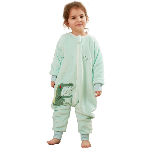 COOKY.D Unisex Baby Boys Girls Flannel Long Sleeve Sleeping Sacks with Feet Toddler Girls Triple Zipper Cartoon Wearable Blanket,Green 4-5 Years