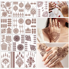 SNAIL GARDEN 16 Sheets Brown Red Temporary Tattoo Stickers, Durable Mandala Flower Fake Tattoo Stickers, Lace Tattoos for Hand, Finger, Arms, Back, Neck, Festival Tattoos for Women, Girls
