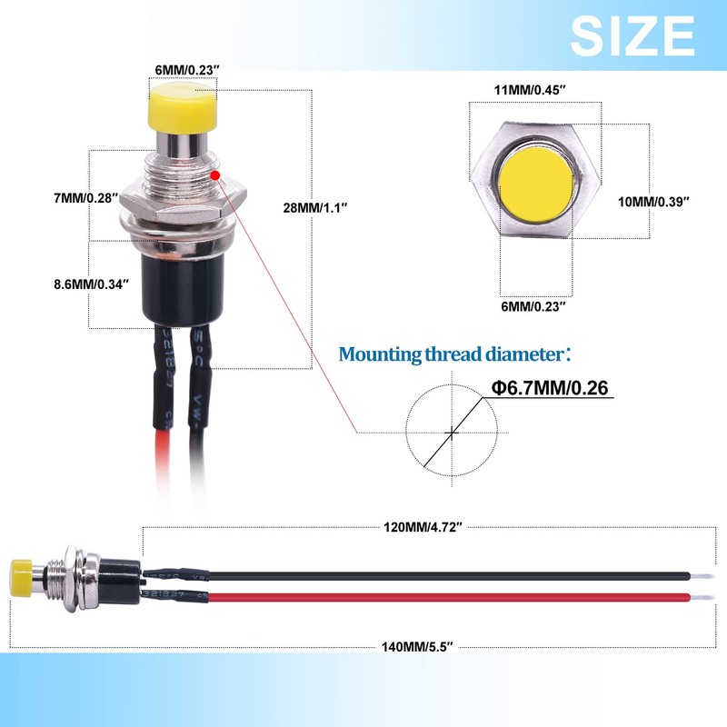 Twidec/12PCS 3V-6V-12V-24V-250V Momentary Push Button Switch 2 Pins ON/Off SPST