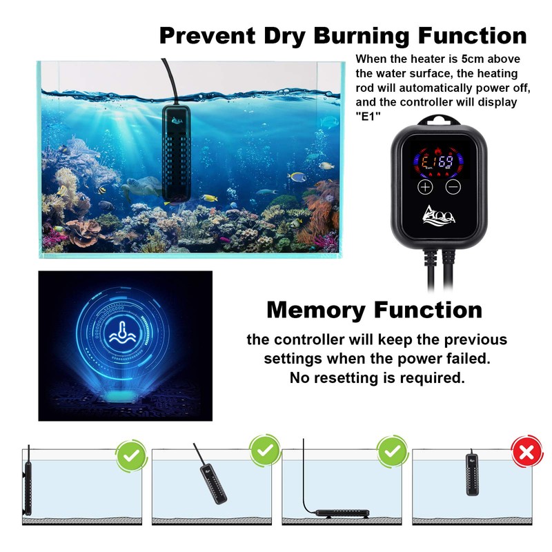 AQQA Submersible Aquarium Heater,100W/200W/300W/500W/800W/1000W/1200W Fish Tank Heater,External Temperature Controller LED