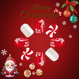 Christmas Press on Nails Short Square Red Fake Nails Press on Glitter Artificial False Nails with Snowflake White Swirl Designs Xmas Glue on Nails Acrylic Full Cover Stick on Nails for Women 24 Pcs