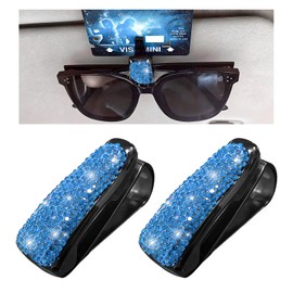 Dickno 2 PCS Bling Sunglasses Holder for Car Sun Visor, Crystal Rhinestones Eyeglasses Hanger Mount with Ticket Card Clip, Universal Vehicle Visor Decor Accessories for Women (Light Blue)