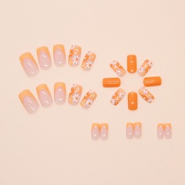 Flower Press on Nails Short Square Fake Nails French Tip False Nails Glossy Full Cover Acrylic Nails Orange Glue on Nails Artificial Stick on Nails for Women Manicure 24 Pcs