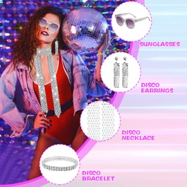 HEAWAA 1970s Disco Accessories Set, 6Pcs Fancy Dress Costumes Accessories with Sequins Headband Bling Sunglasses Long Scarf Bracelet Ring Earrings for Girls Women 70s 80s Disco Theme Party (Silver)