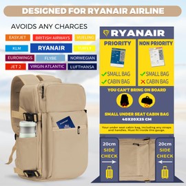 Gluckstar Ryanair Hand Luggage 40 x 20 x 25 Backpack, Hand Luggage, Aeroplane Cabin Bag, 20L Travel Backpack, Under Seat Hand Luggage Bag, Carry-On Laptop Backpack for Men and Women, brown