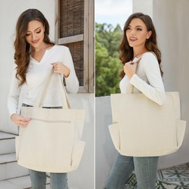 Buringer Corduroy Tote Bag for Women Large Shoulder Bag with Zipper and Pockets for Travel Gym Vacation (Beige)