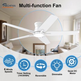 POCHFAN 52 Inch White Ceiling Fans With Lights and Remote, Flush Mount Low Profile Ceiling Fan, Dimmable 6 Speeds Noiseless Reversible Modern Ceiling Fan for Bedroom, Living Room, Patio