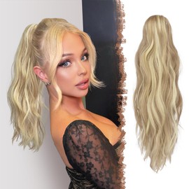 FESHFEN Wavy Ponytail Hairpiece with Clip, 50 cm Ponytail Braid Extensions, Claw Clip-In Synthetic Hair Extension for Women, Dark Ash Blonde Mixed Bleach Blonde