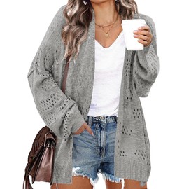 IN'VOLAND Women's Plus Size Lightweight Crochet Cardigan Long Sleeve Open Front Knit Oversized Boho Sweaters Kimonos 22W Grey