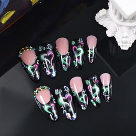 Press on Nails Medium Almond False Nails Colorful Heart Rhinestones Design Nails Press ons Black French Tip Pearl Glue on Nails Glossy Artificial Fake Nails for Women 24Pcs