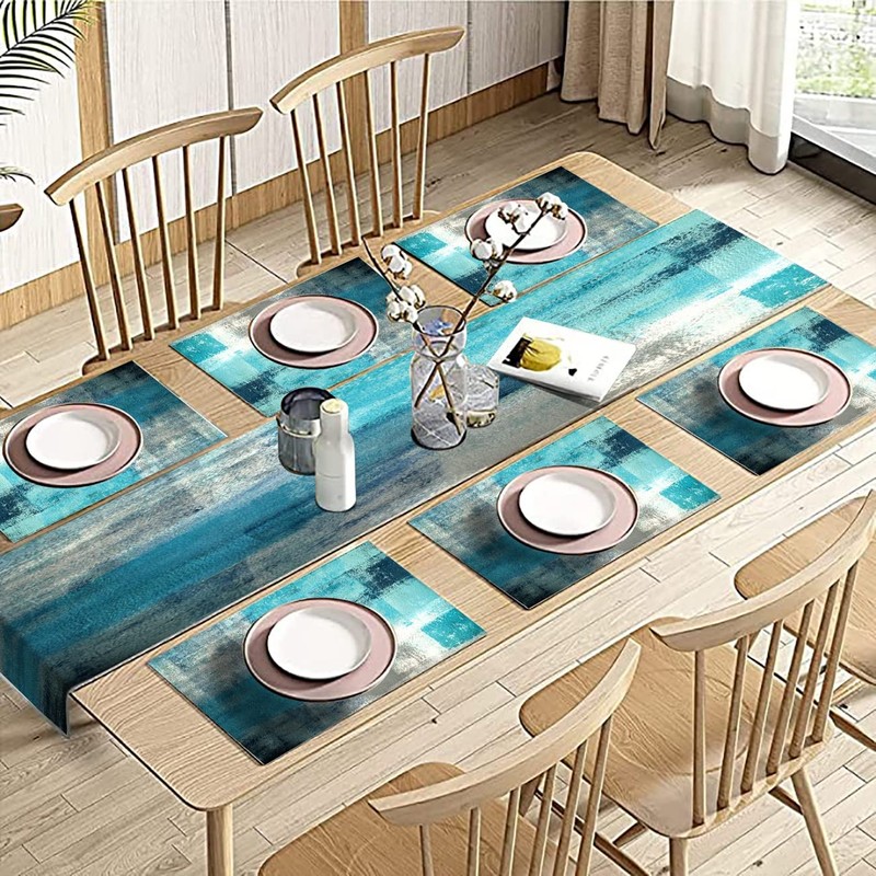 TQFZP Teal Blue Abstract Table Runner and Place Mats Set