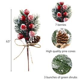 12 PC 6inch Artificial Christmas Floral Picks, Red and White Fake Berry Picks Stems, Pine Branches Picks, Spray with Pinecones Holly Leaves for Floral Arrangement Wreath Winter Holiday Season Décor