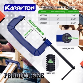 KARRYTON C Clamps set(4"+6"+8"), Large Deep Throat Ductile Iron C-Clamp w/ 1700-2930LB Clamping Force, Unique Ergonomic Design for Welding, Woodworking, Metal and DIY Projects