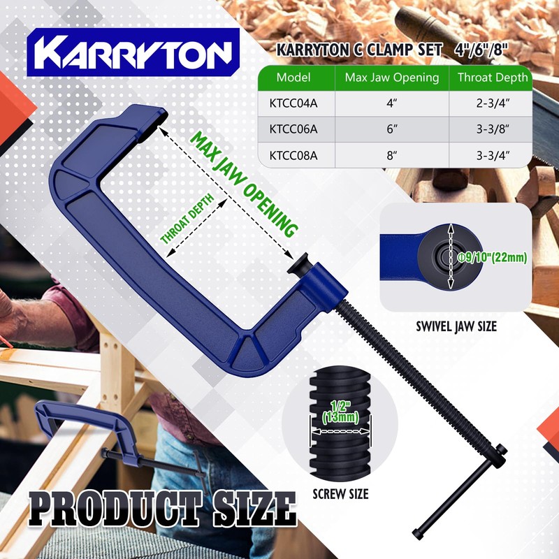 KARRYTON C Clamps set(4"+6"+8"), Large Deep Throat Ductile Iron C-Clamp