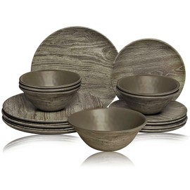 TP 18-Piece Dinnerware Set, Melamine Dishes Set with Bowls and Plates, Service for 6, Non-breakable Lightweight Dining Tableware, Grayish-brown Wood Grain