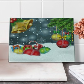 Ambesonne Christmas Cutting Board, Words Print with Original Celebration Objects with Presents and Candies Image, Decorative Tempered Glass Cutting and Serving Board, Small Size, Grey Yellow