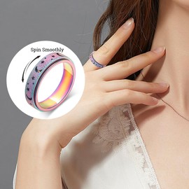 MHWTTY Anxiety Ring for Women, Fidget Spinner Ring Stainless Steel Thumb Ring Fidget Toy Adult Moon Star Spinners Rainbow Size 7