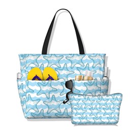 WEOTGU Beach Bag Waterproof Sandproof Tote Bag Sea Wave Starfish Foldable for Women 28L Travel Bags with Small Pouch