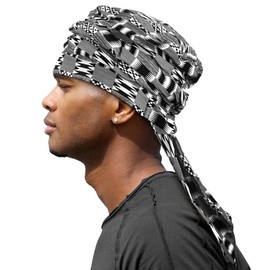 Cutecrop African Kente Turban for Men Women Knot Pre-Tied Durag Head Wrap Beanie Cap Black and White African Kente Headband Scarf for Waves Braids Sleeping Bonnet