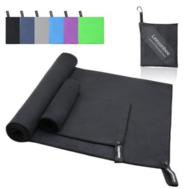 Leeyunbee Microfibre Towel Set of 2 - 160 x 80 cm Bath Towel Large + 80 x 40 cm Small Towel, Quick-Drying Sports Towel, Compact Microfibre Towels, Travel Towel, Beach Towel (Black)