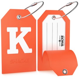Shacke Initial Luggage Tag with Full Privacy Cover and Stainless Steel Loop, Orange, Letter K