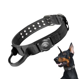 Tactical Dog Collar with Airtag Holder, IP68 Waterproof Airtag Dog Collar with Control Handle and Metal Buckle, Adjustable Military Training Reflective Dog Collar Holder for Medium Large Dogs Black M