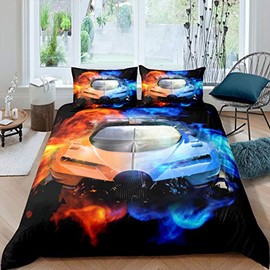 Kids Sports Car Bedding Set Luxury Yin Yang Race Car Bedding Set for Boys Girls Men Extreme Sports Theme Comforter Cover Cool Speed Racing Car Duvet Cover Bedroom Collection 3Pcs Double