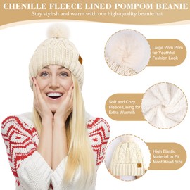 Womens Winter Beanie Hats Scarf Touchscreen Gloves Set Chenille Knit Fleece Lined Beanies Pompom Hat Scarves
