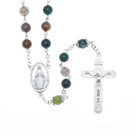 Catholic Town Rosary Necklace 8mm Indian Agate Beads with Miraculous Medal center piece and metal Crucifix cross (ROSJST-IA), Zinc Alloy, Stone, indian agate