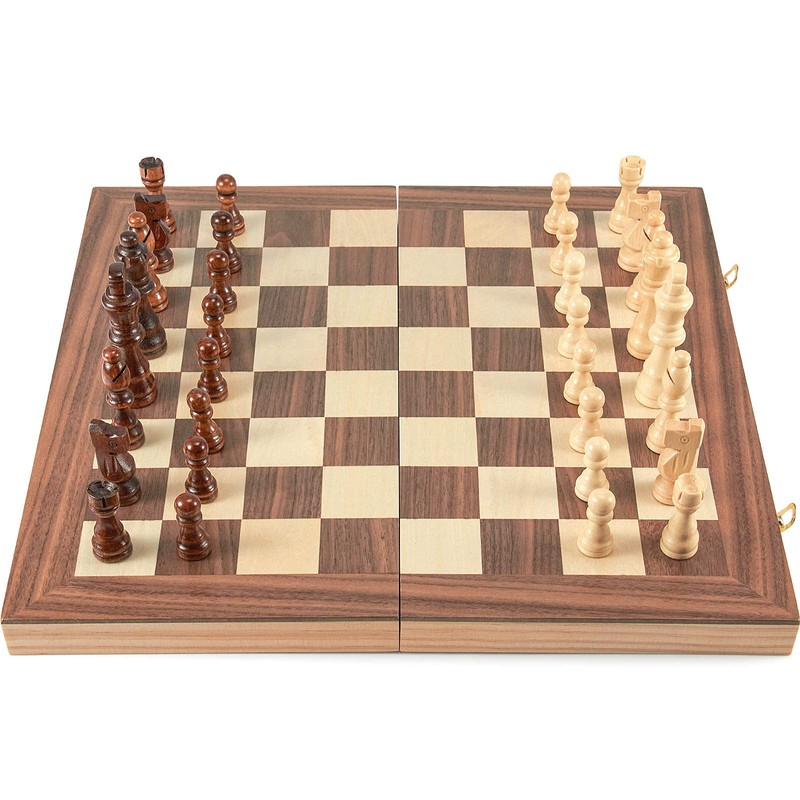 AMEROUS 15'' Wooden Chess & Checkers Set, 2 in 1