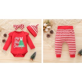 4Pcs Newborn Baby Girl First Christmas Outfits Baby 1st Xmas Clothes Cute Romper Ruffle Pants for Infant Girl Clothing Set 3-6 Months