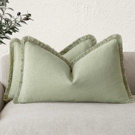Foindtower Set of 2 Decorative Linen Fringe Lumbar Throw Pillow Covers Farmhouse Cushion Cover with Tassels Soft Accent Pillowcase for Couch Sofa Bed Living Room Home Decor,12×20 Inch,Light Sage Green