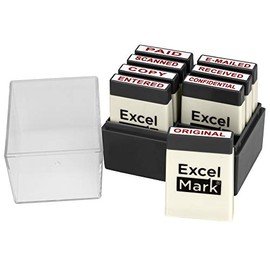 ExcelMark Mini Office Message Rubber Stamp Set - Red Ink - Storage Tray Included
