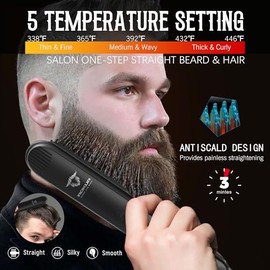 Alisador de barba para hombres – Cepillo térmico de 5 temperaturas con tecnología antiquemaduras – Kit de aseo con peine de sándalo, bálsamo, aceite y