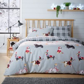 Olivia Rocco Christmas Dogs Duvet Cover Set Puppies White Grey Reversible Super Soft Easy Care Cute Animal Print Quilt Bedding Bed Sets with Pillowcase, Grey Double