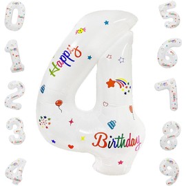 Lumjoy 32 Inch Foil Big Number 4 with Happy Birthday, Large White Digital Balloons 0-9 for Kids Party Birthday and Baby Shower(White, 4)