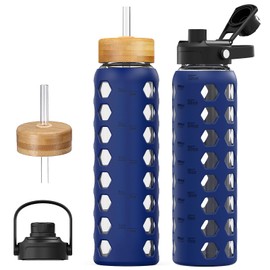 MUKOKO Glass Water Bottles, 32oz Glass Tumbler with Straw, Drinking Bottles with 2 Lids-Handle Spout Lid&Bamboo Straw Lid, Motivational Water Bottle with Time Marker and Silicone Sleeve, 1 Pack-Blue