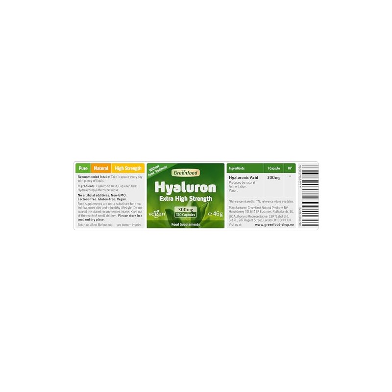 Greenfood Hyaluron, 300 mg, high dose, Vegan, 120 Capsules -