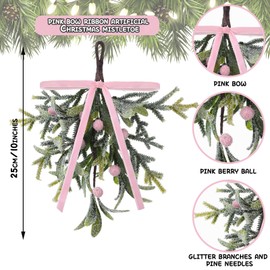 Seenelling Christmas Mistletoe Decor Kissing Artificial Mistletoe Ornament with Velvet Bows Pine Needles Berry 10 inch Christmas Hanging Decoration for Xmas Tree Doorway Party (Pink)