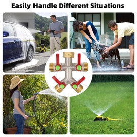 DINGBAI 4 Way Garden Hose Splitter. High Flow, 3/4” GHT Inlet Brass Heavy Duty Hose Converter, 4 Way Full Flow, Long Handle Hose Y-Valve Faucet Converter with Threaded Pipe Swivel and Large Outlet.