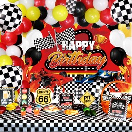 Race Car Birthday Party Decorations Supplies with Happy Birthday Racing Car Backdrop, Tablecover, and Checkered Flags Balloons for Kid Boys Let's Go Racing Happy Birthday Party Supplies