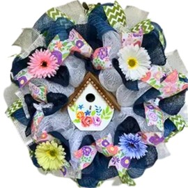 Floral Birdhouse Wreath Handmade Deco Mesh