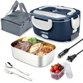 CDBEEE Electric Lunch Box Food Heater - 80W Fast Heating, 1.5L Heated Lunch Box Leak-Proof 304 Stainless Steel Portable Food Warmer, (12V/24V Car/Truck & 110V Home), Ideal for Work/Travel（Blue-white）