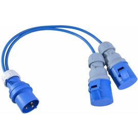 32A Plug to 2 x 16A Sockets. 1.5mm Arctic Blue Power Splitter - 1M