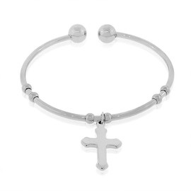 Edforce Stainless Steel Silver-Tone Religious Latin Cross Open End Bangle Bracelet