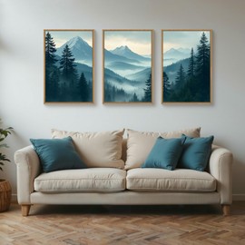 BICERE Large Misty Mountain Forest Framed Canvas Wall Art,Nature Pine Tree Wall Decor,Foggy Snow Woodland Wall Painting,Watercolor Scenery Artwork for Living Room,Bedroom,Dining Room,Office -24"x36"x3