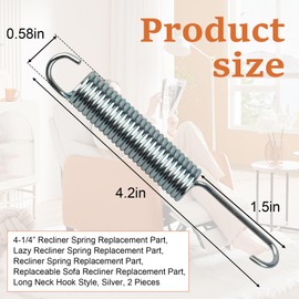 4-1/4” Recliner Spring Replacement Part,Recliner Spring Replacement Part, Sofa Recliner Replacement Part, Compatible with Lazy Boy, Lane, Sofa Chair Mechanism, Long Neck Hook Style, Silver, 2 Pack