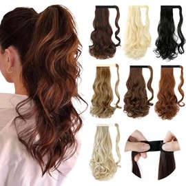 Ponytail Extension, 18" Long Wavy Ponytails Clip in Wrap Around Hair Extension Pony Tails Natural Looking Synthetic Hairpiece for Women Light Brown mix Light Auburn