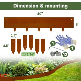 Corten Steel Landscape-40 LX 8" H Metal Garden Edging 20FT Total Rusted Lawn Edging 6 Pcs-No-Dig Hammer Heavy Duty Steel Edging-Bendable Border Strips for Lawn Yard Courtyard Pathway-6 Clips