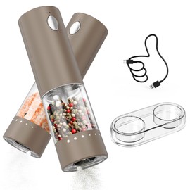 CIRCLE JOY Electric Salt and Pepper Grinder Set Rechargeable Salt and Pepper Mills with Storage Base, Adjustable Coarseness and LED White Light, Washable 95ml Container, Brown